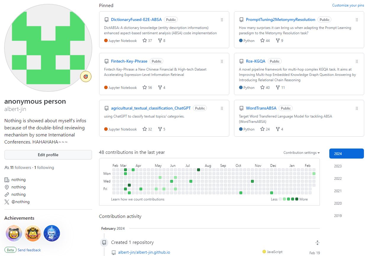GitHub Main page of albert-jin until 2024-02-22.